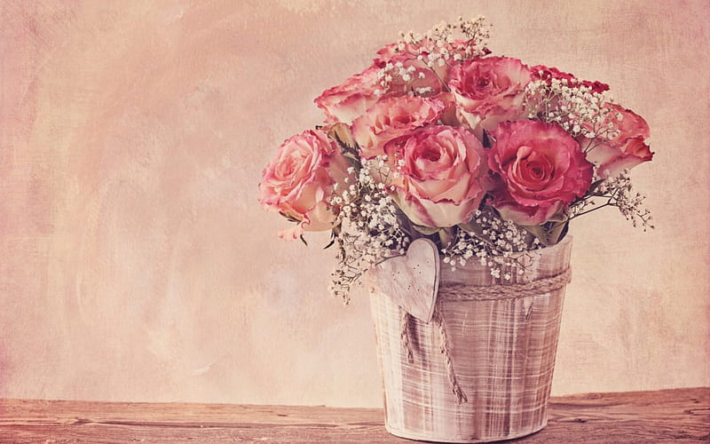 Roses, bouquet, rose, basket, heart, flower, valentine, pink, vintage, HD wallpaper