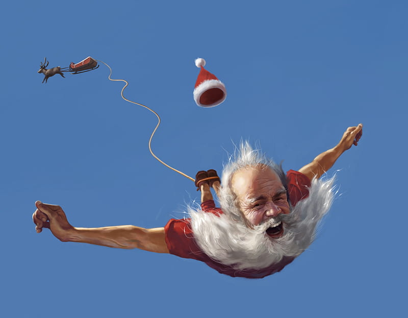 Bungee Santa, santa, christmas, joseph qiu, craciun, view from down, funny, man, blue, sky, HD wallpaper
