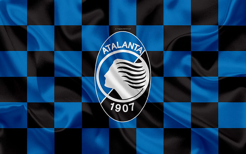 Atalanta BC logo, creative art, black and blue checkered flag, Italian football club, emblem, silk texture, Serie A, Bergamo, Italy, HD wallpaper