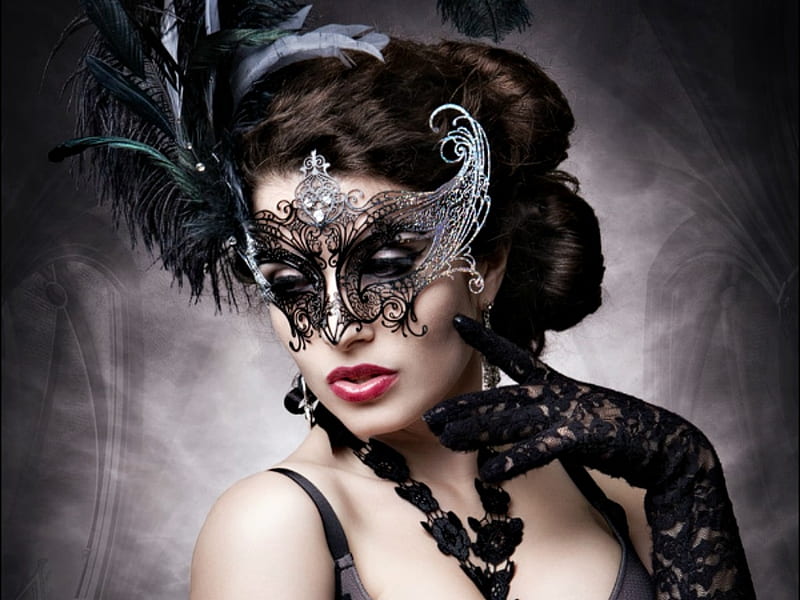 Beauty, model, black, woman, la esmeralda, glove, girl, feather, hand, face, mask, HD wallpaper