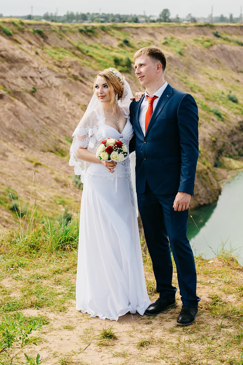 Groom and Bride Standing Near Green Grasses and River, HD phone wallpaper