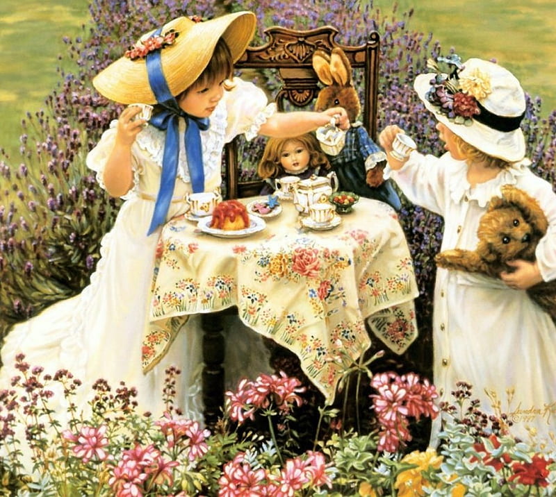 Vintage Playtime, cake, table, teddybear, painting, garden, girls, artwork, HD wallpaper