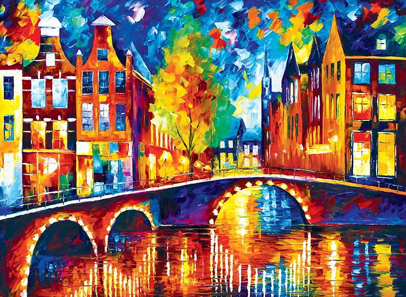 Cities in Color - Amsterdam , pattern, art, Netherlands, bonito, Amsterdam, abstract, illustration, artwork, Afremov, water, bridge, texture, painting, river, HD wallpaper