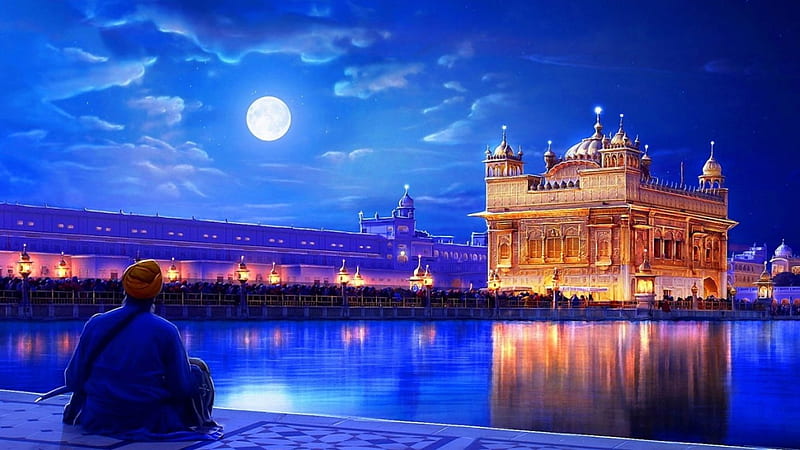 Contemplation, moon, full moon, indian, temple, india, blue, HD wallpaper