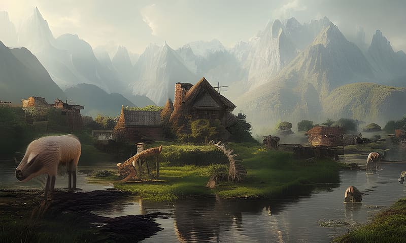 Epic landscape with villages and roads with animals in a pond, Landscape, Lake, Nature, Grass, Heaven, HD wallpaper