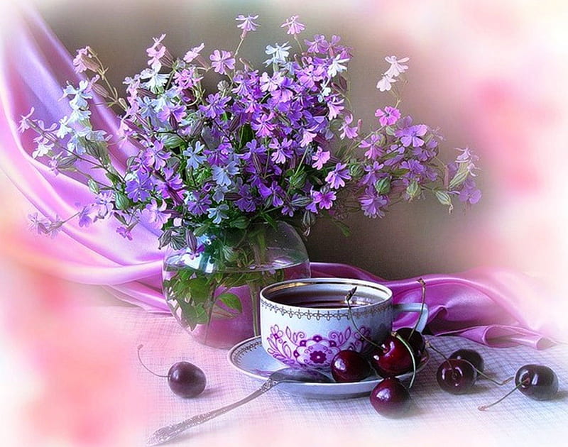 Still life, saucer, cherries, vase, abstract, mauve, purple, cup, flowers, beauty, nature, pink, natural, porcelain, HD wallpaper