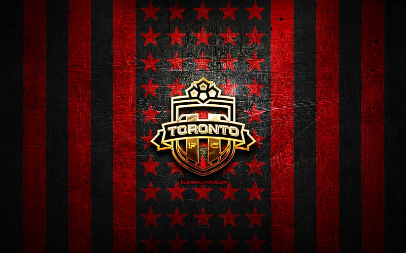 Toronto FC flag, MLS, red black metal background, canadian soccer club, Toronto FC logo, USA, soccer, Toronto FC, golden logo, HD wallpaper