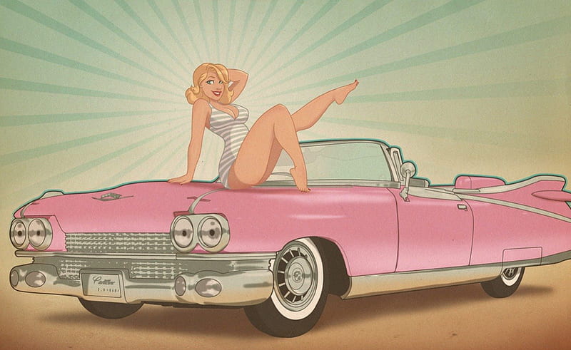 Caddy Surfing, retro, cadillac, girl, caddy, surfing, pink, HD wallpaper