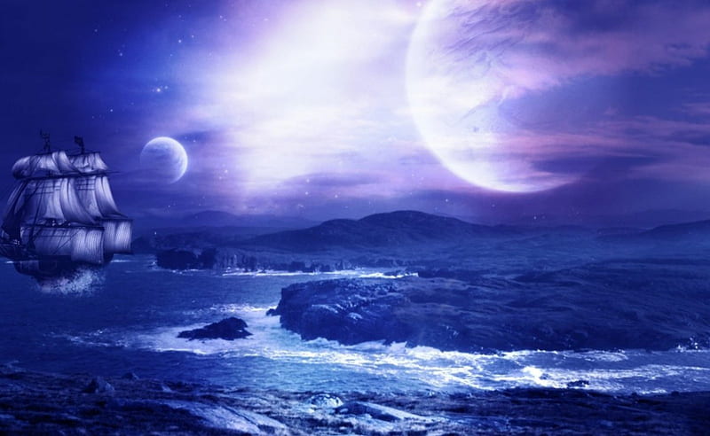 1920x1080px, 1080P free download | MIDNIGHT BLUE, BLUE, SHIP, MOONS ...