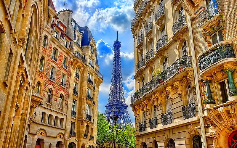 Paris, summer, Eiffel Tower, street, old buildings, french landmarks, France, HD wallpaper