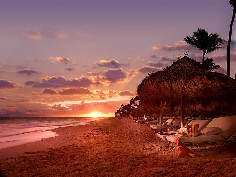 Sunset on Paradise Beach, polynesia, islands, orange, ocean, dusk, sunset, twilight, sea, beach, loungers, samoa, sand, evening, island, south pacific, HD wallpaper