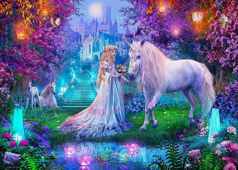 Castle Garden, art, girl, unicorn, digital, flowers, horse, lights, HD wallpaper