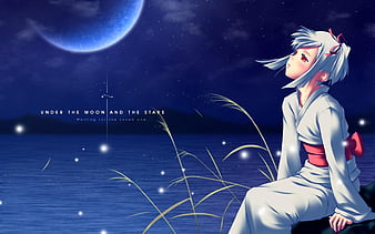 Moon Girl, alone, beauty, cute, love, lovely, night, waiting, HD