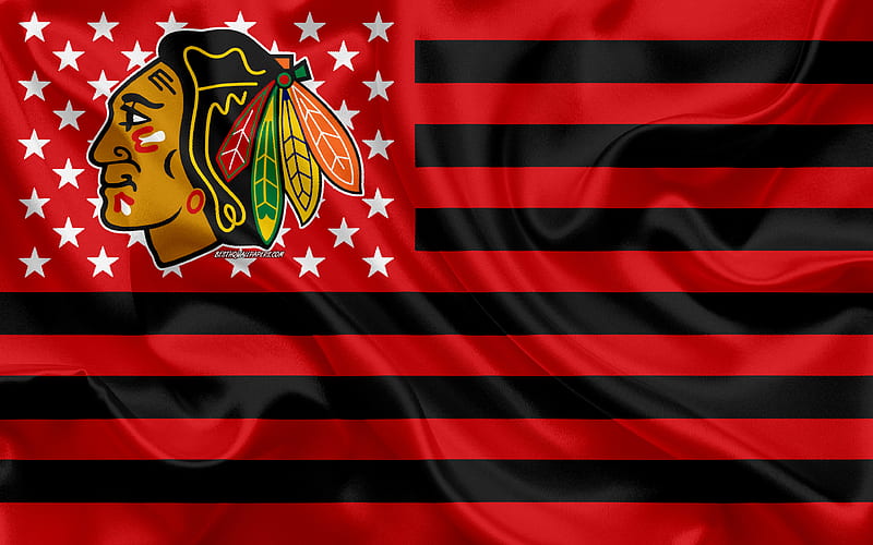 Chicago Blackhawks, American hockey club, American creative flag, red black flag, NHL, Chicago, Illinois, USA, logo, emblem, silk flag, National Hockey League, hockey, HD wallpaper