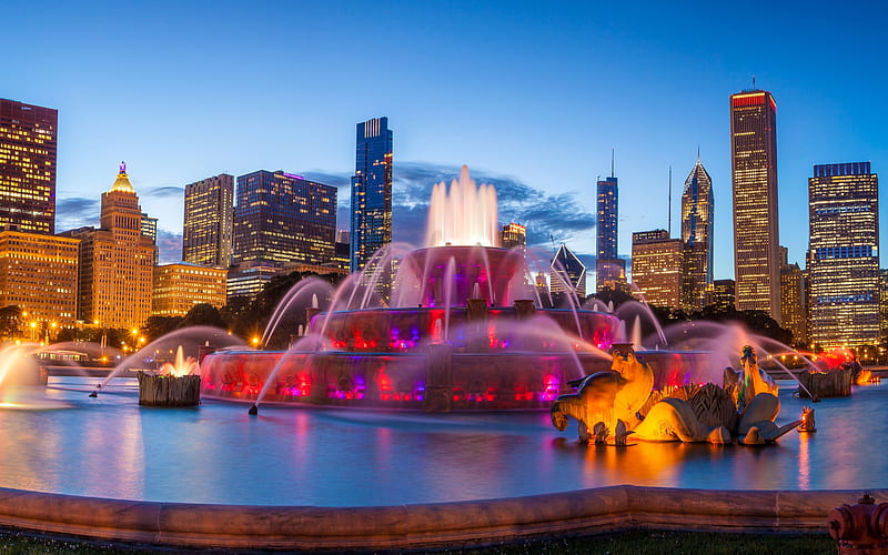 Chicago Illinois, city, fountain, USA, Skyscrapers, dusk, Chicago, lights, HD wallpaper