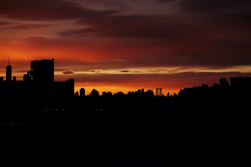buildings, silhouette, sunset, HD wallpaper