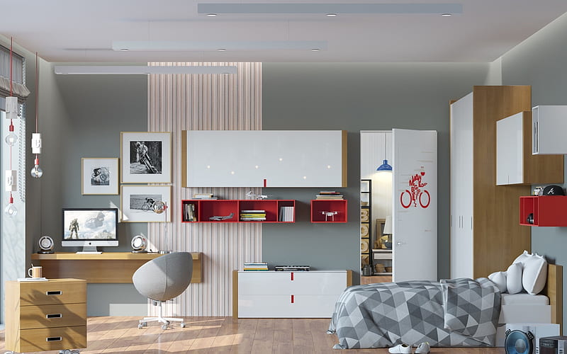 stylish interior design, childrens room, project, bright spacious room, modern interior, HD wallpaper