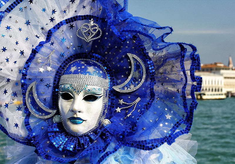 Venice Carnival, carnival, moon, model, girl, white, mask, venice, blue, HD wallpaper