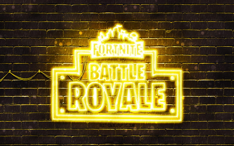 Fortnite Battle Royale yellow logo, yellow brickwall, Fortnite Battle Royale logo, online games, Fortnite Battle Royale neon logo, Fortnite Battle Royale, HD wallpaper