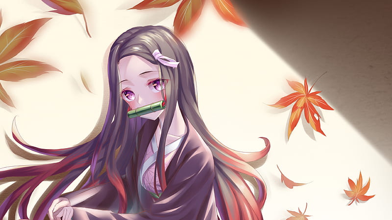 Demon Slayer Nezuko Kamado With Background Of Falling Dry Leaves Anime, HD wallpaper