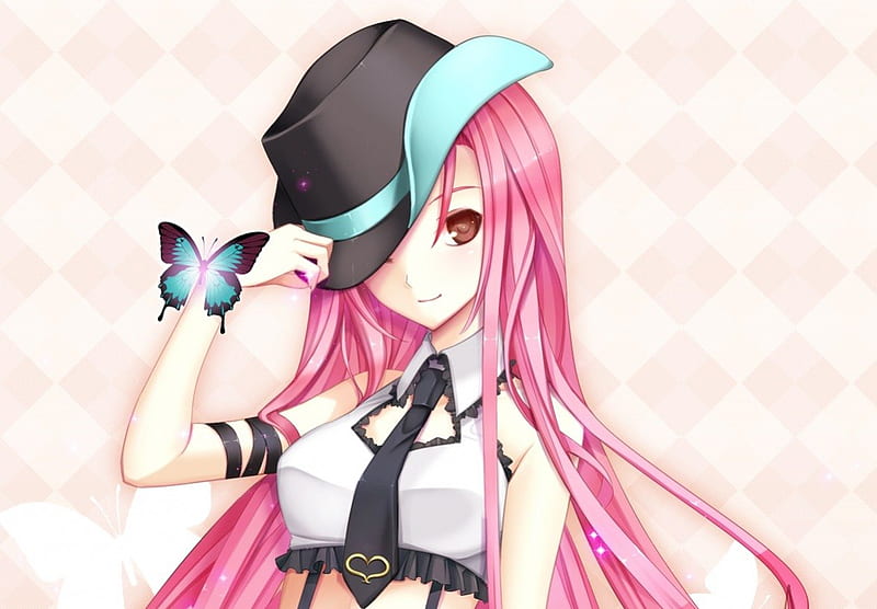 Pretty Pink, pretty, tie, bonito, wing, sublime, elegant, sweet, nice, butterfly, anime, hot, beauty, necktie, anime girl, long hair, gorgeous, female, wings, lovely, sexy, hat, cute, kawaii, girl, neck tie, pink hair, red eyes, HD wallpaper