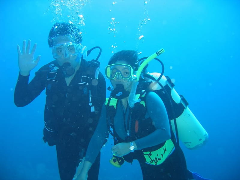 Scuba Diving couple, man, water, woman, diving, HD wallpaper