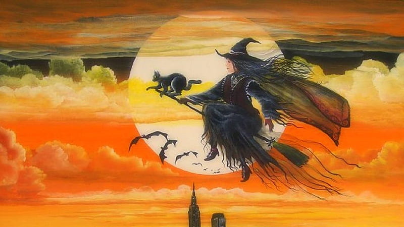 Witch Flying High With Cat Broomstick Halloween, HD wallpaper