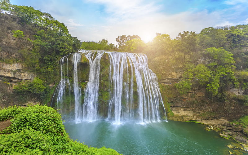 beautiful waterfall, China, forest, trees, lake, sunrise, HD wallpaper