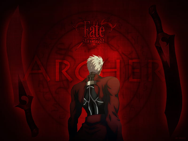 The Red Knight, red, fate stay night, servant, anime, game, black, emiya, archer, HD wallpaper