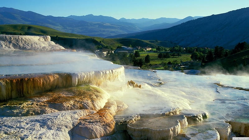 beautiful hot springs, pools, hot springs, valley, mountains, HD wallpaper