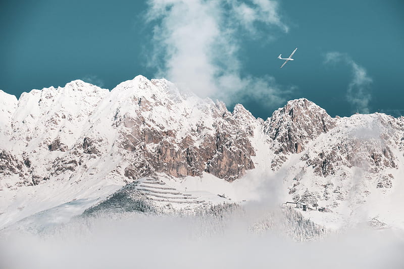 mountains, peaks, snow, airplane, clouds, HD wallpaper