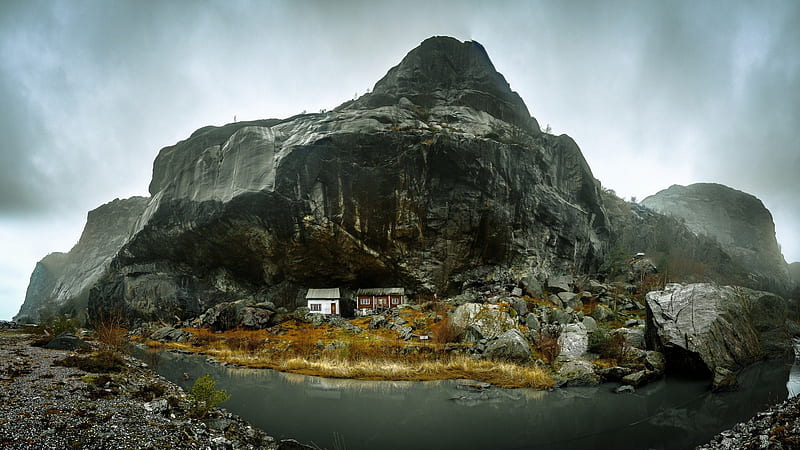 huts inside a mountain cavern, mountain, river, huts, cavern, HD wallpaper