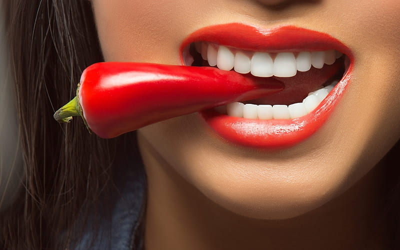 Chilli red, red, chilly, face, lips, vegetable, woman, lipstick, teeth, HD wallpaper