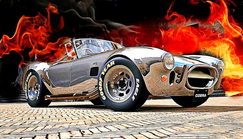 Flamin' Shelby Cobra 427, racing, cobra, silver, fly, flames, car, shelby, esports, fast, HD wallpaper