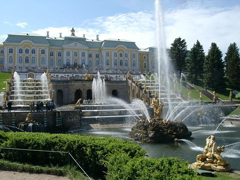 Peterhof, St. Petersburg, Russia, st petersburg, castel, fountains, view, golden, park, sky, peterhof, tree, water, green, statue, russia, blue, HD wallpaper