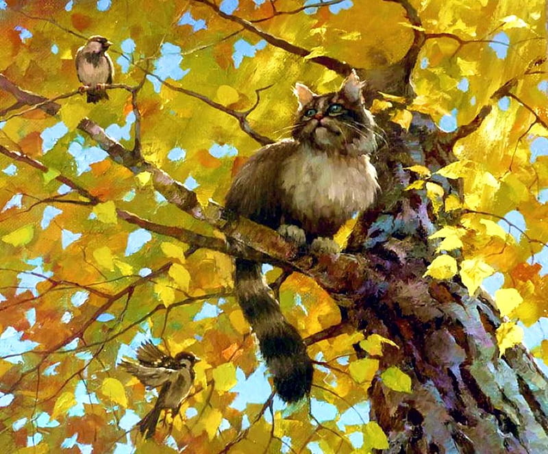 Autumn Scenery, tree, leaves, painting, birds, cat, artwork, HD wallpaper