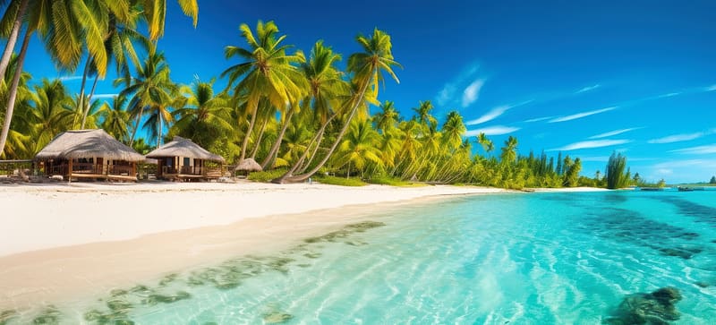 Tropical island, sea, palms, island, tropics, exotic, paradise, beautiful, vacation, beach, panorama, summer, rest, huts, sands, sky, ocean, crystal, HD wallpaper