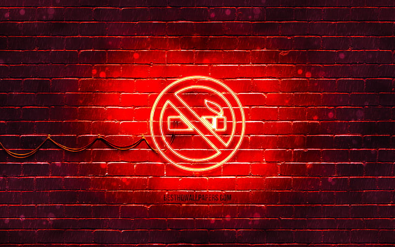 No Smoking neon icon red background, neon symbols, No Smoking, neon icons, No Smoking sign, warning signs, No Smoking icon, warning icons, HD wallpaper