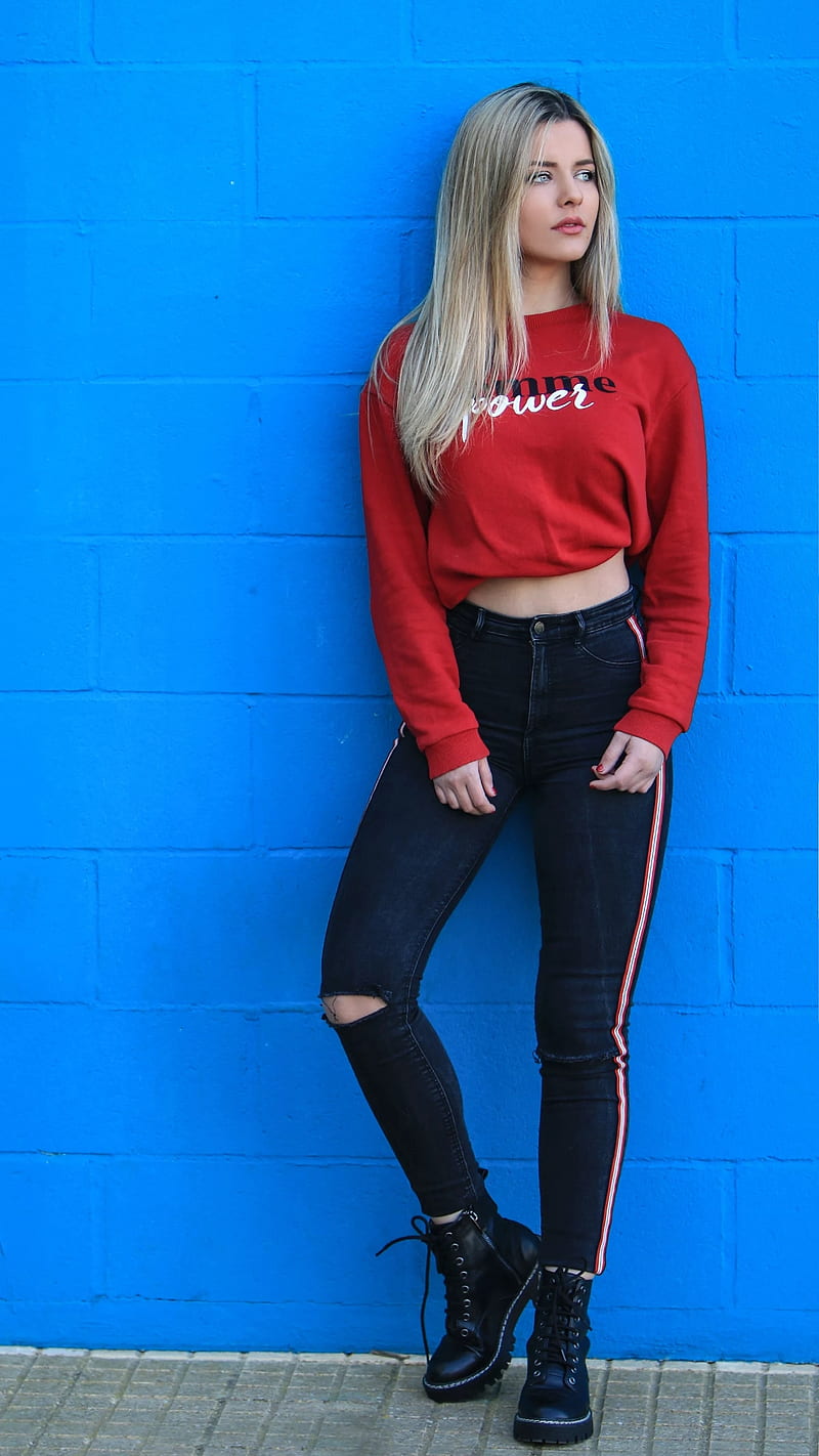 Pretty girl, blonde, blue wall, cute, fashion modelling, pretty, red, red shirt, HD phone wallpaper