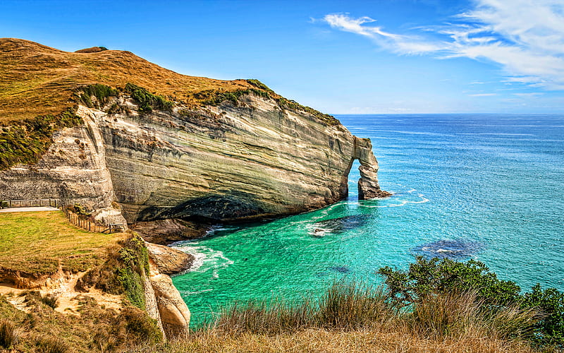 Cape Farewell Arch, summer, sea, coast, Puponga, New Zealand, R, beautiful nature, HD wallpaper