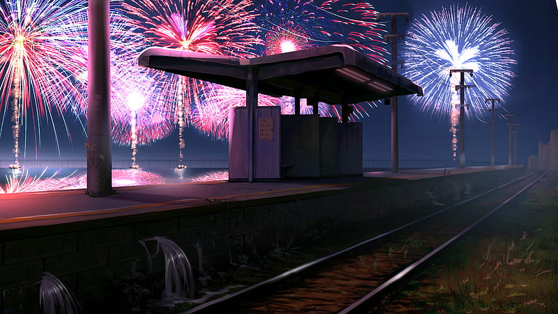 Anime, Original, Fireworks, Night, Train Station, HD wallpaper