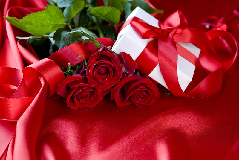 Red Roses, with love, red, pretty, rose, bonito, bow, red rose, still life, graphy, love, flowers, beauty, valentines day, valentines, present, lovely, romantic, romance, holiday, christmas, ribbon, gift, roses, abstract, red cloth, nature, white, HD wallpaper