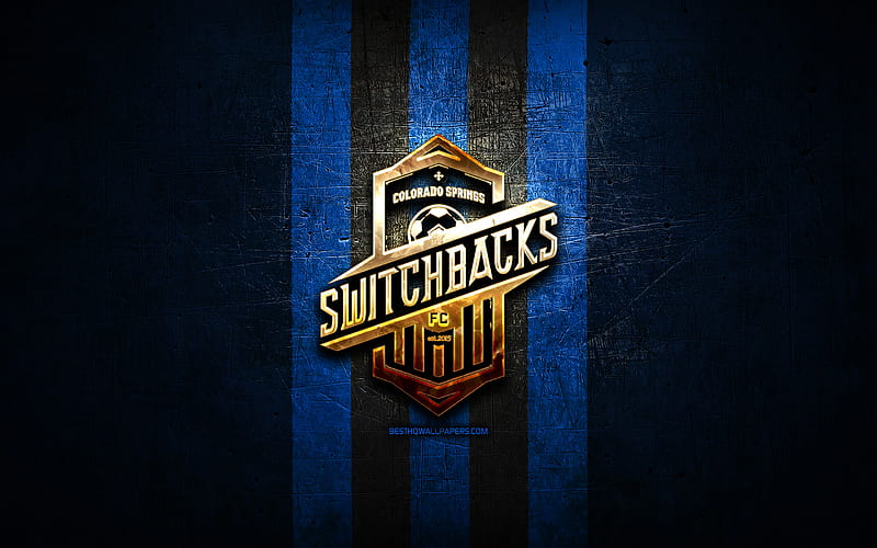 Colorado Springs Switchbacks FC, golden logo, USL, blue metal background, american soccer club, United Soccer League, Colorado Springs Switchbacks logo, soccer, USA, HD wallpaper