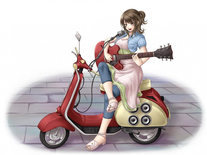 Scooter Band, pretty, bonito, motorcycle, sweet, nice, anime, hot, beauty, bike, anime girl, long hair, scooter, female, lovely, motor, brown hair, music, sexy, plain, cute, microphone, guitar, girl, simple, white, HD wallpaper