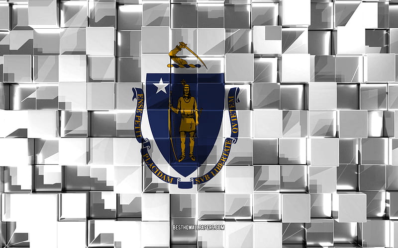 Flag of Massachusetts, 3d flag, US state, 3d cubes texture, Flags of American states, 3d art, Massachusetts, USA, 3d texture, Massachusetts flag, HD wallpaper