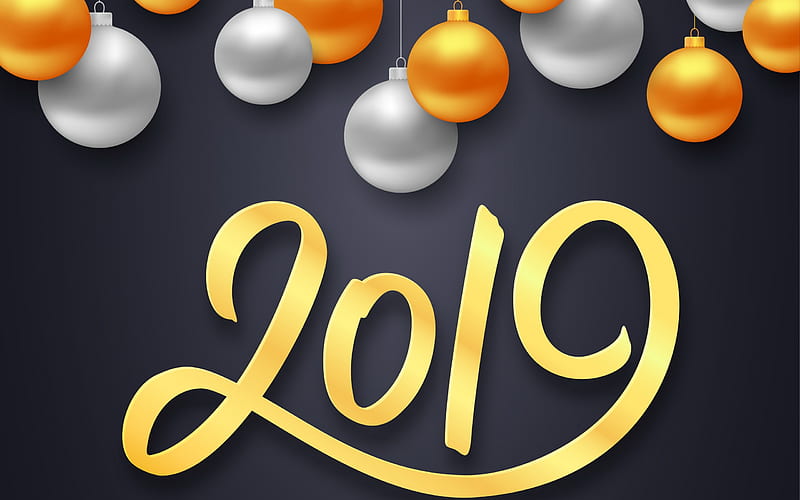 New Year, 2019, gray background, 2019 concepts, 3D golden Christmas balls, Happy New Year, HD wallpaper