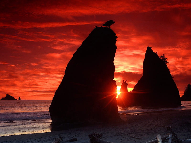 Sea Stacks Knife a Blood-Red Sky-Beautiful natural scenery, HD wallpaper