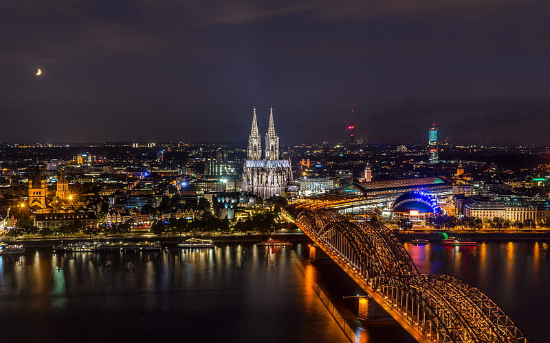 Cologne Cathedral, Cathedral Church of Saint Peter, Hohenzollernbrucke, Cologne, night, Hohenzollern Bridge, Rhine, Cologne night panorama, Cologne cityscape, North Rhine-Westphalia, Germany, HD wallpaper
