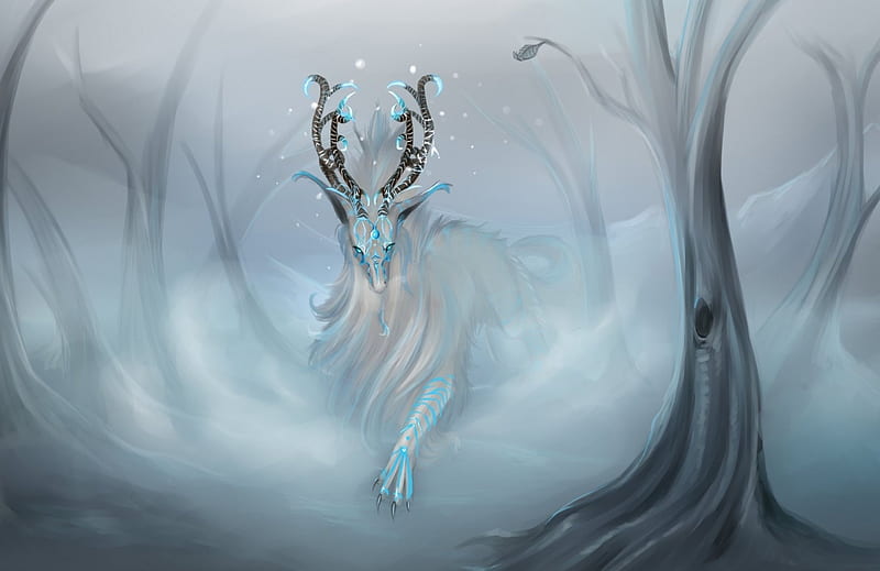 White Deer's spirit, forest, luminos, mist, horns, spirit, tree, fantasy, ghost, white, creature, blue, night, HD wallpaper