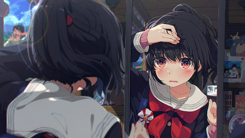 anime girl, school uniform, loli, mirror, cute, blushes, Anime, HD wallpaper